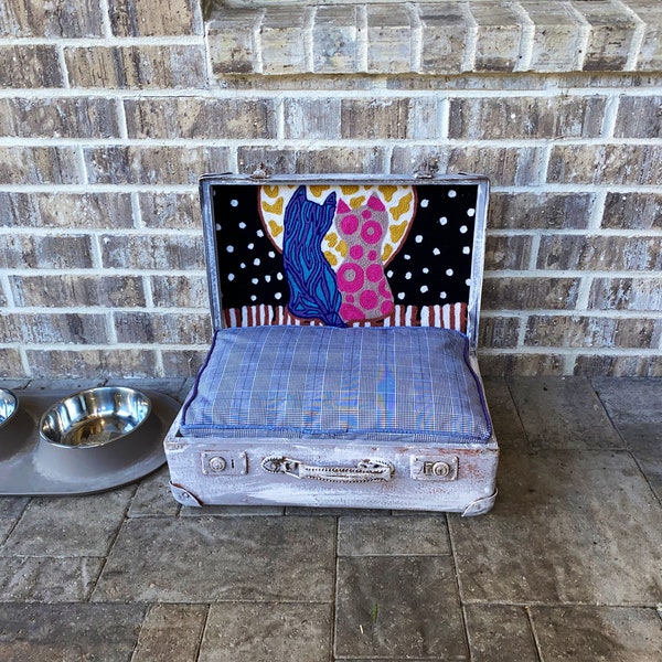 SOLD. PET BED . Vintage suitcase with upcycled suiting fabric and embroidered fabric