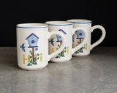 Crock Shop Coffee Mugs, BIRD HOUSE Pattern Designed by R. Carter, Set of 3, CSI Santa Ana California Pottery