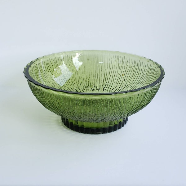 Vintage FTD 1975 7" Centerpiece Bowl Dish Green Glass Bark Pattern, Flower Vase,   Pedestal Bowl