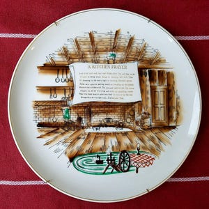 Vintage Mid-Century 1960s Enesco &quot;A Kitchen Prayer&quot; Decorative & Collectible Wall Plate w/ Wall Hanger Fireplace Dutch Oven Spinning Wheel