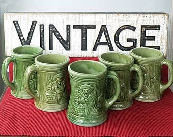 1920s Nelson McCoy Buccaneer Tankard Mugs, Set of 5 Beer Steins, Embossed Pottery Early Utility Stoneware - Utitlitarian Ware