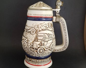 AVON 1979 Collectible Beer Stein Featuring Antique Cars, Handcrafted in Brazil