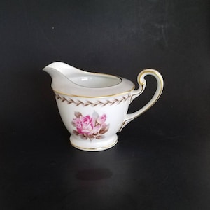 Vintage 1950s Noritake China Morimura Bros. 5048 "Rosemont" Pattern Creamer Wide Light Gray Rim, Pink Rose on White Base, Laurel, Gold Trim