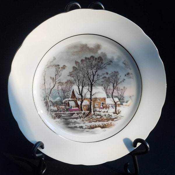 Currier & Ives "The Old Grist Mill" Winter Scene Collector's Plate Awarded Exclusively to Avon Representatives in 1977 by Avon Products, Inc