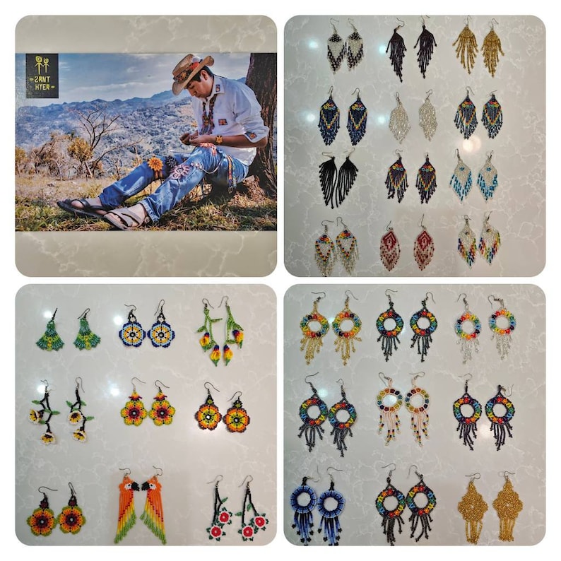 Peut inclure: Assortiment de boucles d'oreilles en perles color&eacute;es, avec des motifs floraux, g&eacute;om&eacute;triques et en frange. Les boucles d'oreilles sont pr&eacute;sent&eacute;es sur une surface blanche.