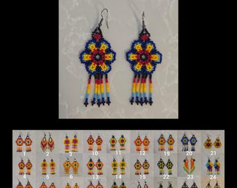 Boucles d'oreilles Wixarika/Ensemble de boucles d'oreilles/Perlage/Boucles d'oreilles Huichol/Boucles d'oreilles longues/Vert/Bleu/Pulple/Beige