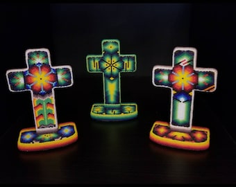 Beaded Cross Figurine/beaded Huichol details / personalized huichol Cross /wixarica sculpture/ folk art/