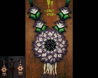 Gerbera flower Necklace set/handmade Necklace and earrings/beadwork/beaded necklace/mexican handycraft/ huichol/red orange or pink blue