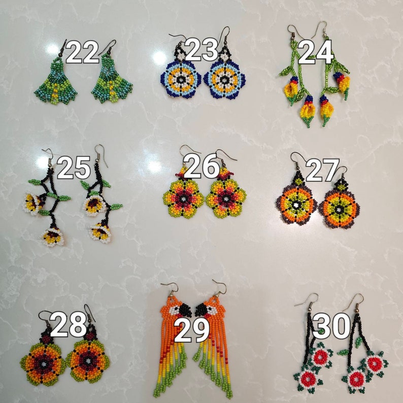 Boucles d'oreilles Wixarika / Ensemble de boucles d'oreilles / Perles / Boucles d'oreilles Huichol / Boucles d'oreilles longues / Brillant / Or / Argent / Bleu / Noir / Rouge / Violet image 4