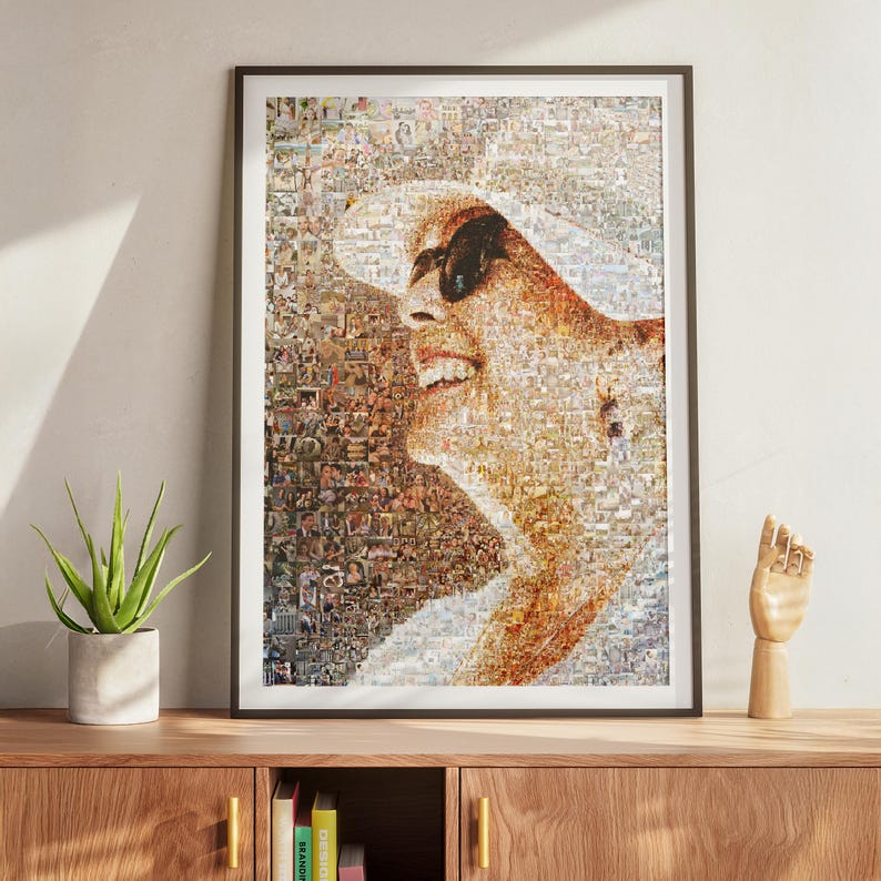 Custom picture mosaic made of tiny memories – personalized photo collage artwork for home decor