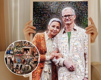 May include: A framed photo mosaic of an older couple. The mosaic is made up of many smaller photos, creating a unique and personalized gift.