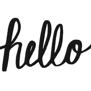 Peut inclure: Le mot "hello" écrit à la main en noir et blanc dans une police cursive.