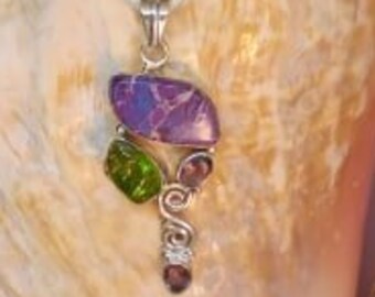 High Vibrational Sea Sediment/Ocean Jasper, Amethyst & Rough Peridot 925 Silver Pendant