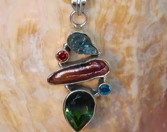 High Vibrational Bi-Colored Tourmaline, Rough Aquamarine, Blue Topaz, Fire Garnet, and Titanium Biwa Pearl 925 Silver Pendant