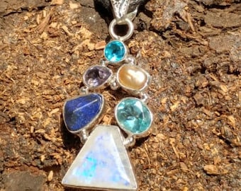 Super High Vibrational Mystic Rainbow Moonstone, Lapis Lazuli, Aquamarine, Amethyst, Blue Topaz & Pearl 925 Silver Pendant