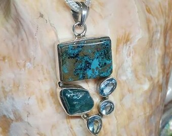 High Vibrational Chrysocolla, Rough and Faceted Aquamarine 925 Silver Pendant