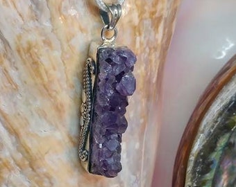 High Vibrational Amethyst Druzy Bar 925 Silver Pendant