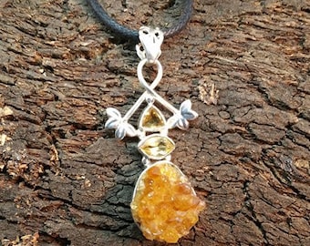 High Vibrational Rough Druzy Citrine and Faceted Citrine 925 Silver Pendant