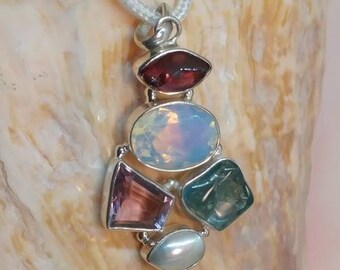 High Vibrational Fire Opalite, Faceted Amethyst, Rough Amethyst, Rough Aquamarine & French Pearl 925 Silver Pendant