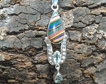 High Vibrational Goddess Isis Energies, Rainbow Calisilica & Blue Topaz 925 Silver Pendant