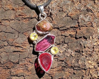 Super High Vibrational Ruby, Rubillite Tourmaline Rough & Point, Citrine 925 Silver Pendant