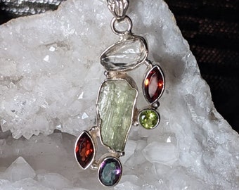 Super High Vibrational REIKI Infused RARE Green Kyanite, Herkimer Diamond, Fire Garnet, Peridot & Mystic Rainbow Topaz 925 Silver Pendant