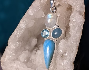 Super High Vibrational Reiki Infused Larimar, Moonstone, Aquamarine, & Blue Topaz 925 Silver Pendant