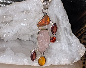 High Vibrational REIKI Infused Morganite, Ethiopian Opal, Amber,  & Garnet 925 Silver Pendant