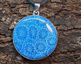 High Vibrational Blue Fossil Coral 925 Silver Pendant