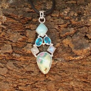 High Vibrational Ruby in Fuchsite, Larimar, Mystic Rainbow Moonstone, & Blue Topaz 925 Silver Pendant