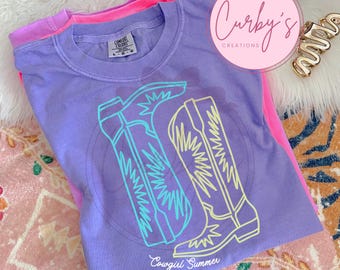 Neon Summer Cowgirl Boots Hydrangea flower country music digital png design cowboy horses cow farm southern style trendy cottage core boho