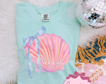 Seashell with bow beachy seaside preppy island Hawaii ocean Summer break Spring Png Digital Design trendy coquette bows