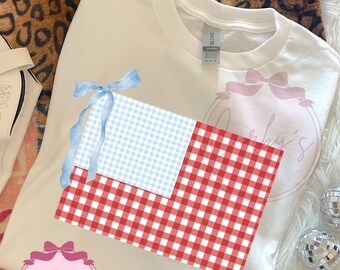 Gingham Flag Fourth of July Trendy Preppy Digital Design Stars Independence Day Design PNG Red White Blue Patriotic Memorial bow America