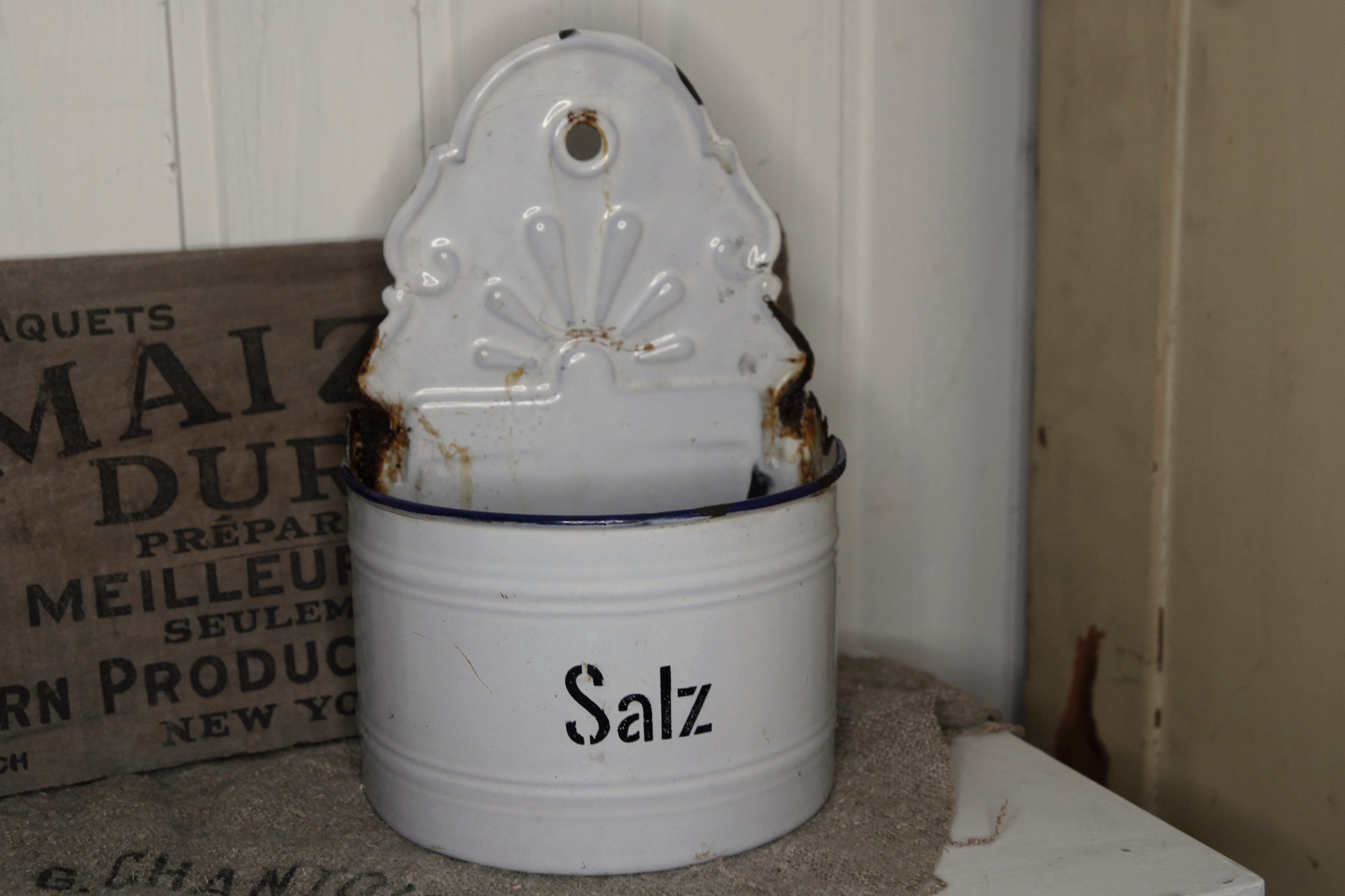 Old salt pan * salt container * enamel * vintage kitchen decoration * country house kitchen decoration *
