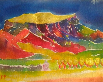 original Mesa with Gold  Pilar Mesa Rio Grande Gorge Taos, NM Northern New Mexico Taos Art Santa Fe Art landscape watercolor vivid