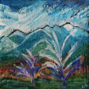 May include: An abstract painting of a mountain landscape. The artwork features a blue sky with white clouds above teal and green mountains. In the foreground are two purple and white plant-like shapes, with a colorful base of orange, red, and green.