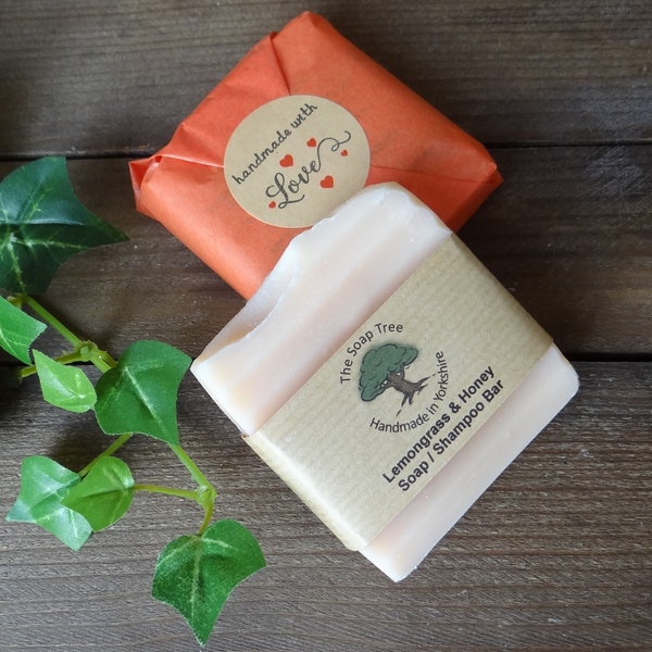 Lemongrass & Honey Soap Shampoo Bar, Natural Handmade Cold Process Soap with Essential Oil, Cruelty Free, Parabens Free - Made in UK