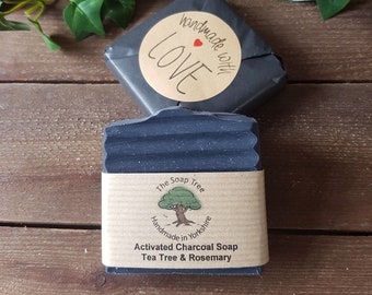 Activated Charcoal Soap with Tea Tree & Rosemary Essential Oils, Vegan Soap, Palm Oil Free, Cruelty Free, Paraben Free, Plastic Free - UK