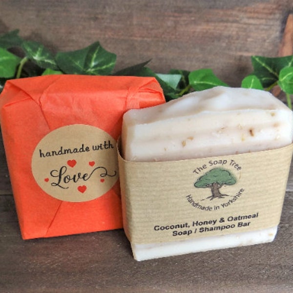 Coconut Honey & Oatmeal Natural Soap / Shampoo Bar. Handmade Cold Process Soap. Cruelty Free Coconut Oil Soap with Coconut Milk - UK