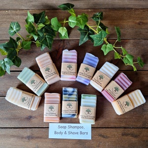 May include: Assortment of colorful soap shampoo, body, and shave bars on a wooden surface. The bars are various colors, including pink, green, and purple, and are labeled with their ingredients. The text "Soap Shampoo, Body & Shave Bars" is visible.