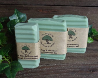 Tea Tree & Rosemary Vegan Soap and Shampoo Bar. Handmade Natural Cold Process Soap with Essential Oils. Cruelty Free Paraben and SLS Free UK