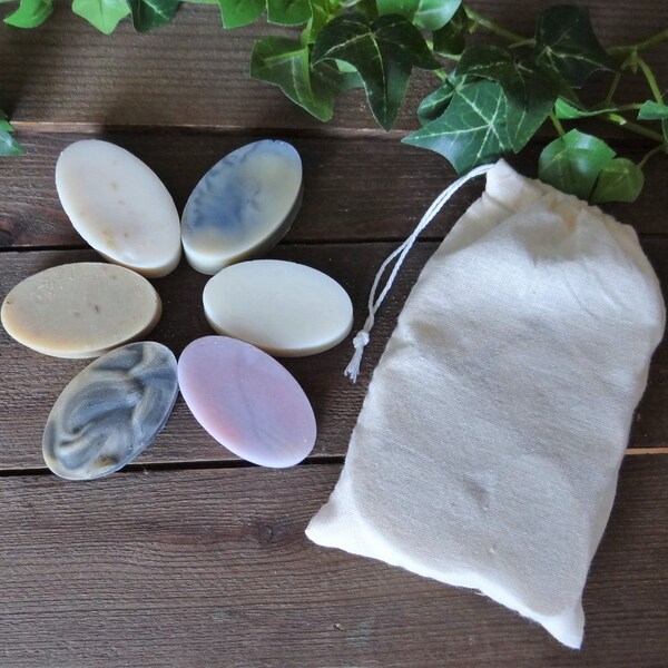 Gift bag of 6 Handmade Mini Soaps. Guest Size Natural Soaps with 100% Cotton Pouch Bag, approx 120g - UK