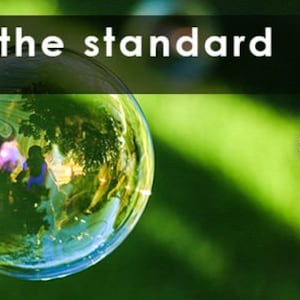 May include: A green grassy background with two soap bubbles. The larger bubble reflects a green tree and a blurred image of a person. The text "We meet the standard" and "www.gcstm.co.uk" is at the top of the image. A white circle with the text "Guild of Craft Soap & Toiletry Makers" and "gcstm.co.uk" is in the lower right corner.