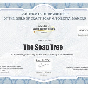 May include: A certificate of membership for The Soap Tree, a member in good standing of the Guild of Craft Soap & Toiletry Makers. The certificate is dated 10/08/2017 and includes the Guild's registration number 7641. The certificate is signed by Michael O'Sullivan, Registrar.