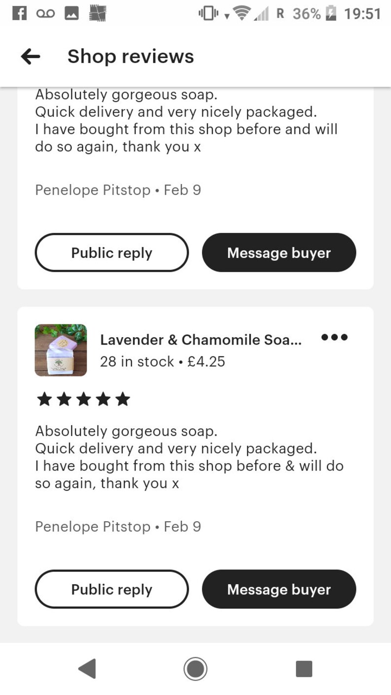 May include: Five-star review for a lavender and chamomile soap. The review states "Absolutely gorgeous soap. Quick delivery and very nicely packaged. I have bought from this shop before & will do so again, thank you x" - Penelope Pitstop, Feb 9.