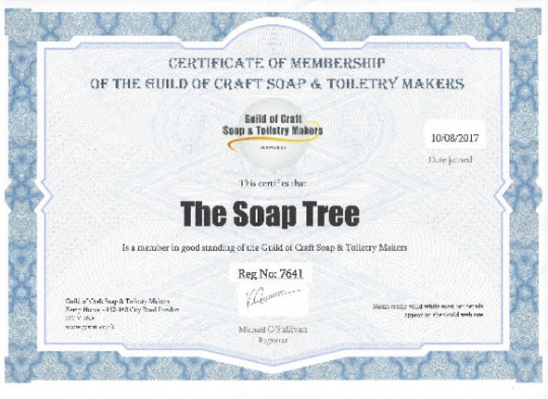 Puede incluir: Un certificado de membres&iacute;a para The Soap Tree de la Guild of Craft Soap & Toiletry Makers, con fecha 10/08/2017. El documento presenta un borde decorativo azul, el logotipo de la organizaci&oacute;n, el n&uacute;mero de registro 7641 y una firma.