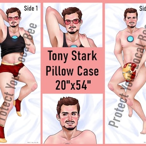 May include: A pillow case featuring a cartoon illustration of Tony Stark from the Marvel comics. The pillow case is 20 inches by 54 inches. The image shows two different sides of the pillow case. One side shows Tony Stark wearing a red and yellow tank top and red underwear. The other side shows Tony Stark wearing a red and yellow Iron Man mask. The text "Protect Your Local Bee" is printed on both sides of the pillow case.