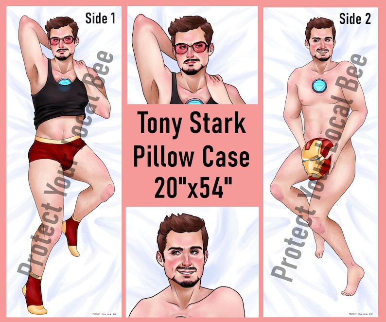 May include: A pillow case featuring a cartoon illustration of Tony Stark from the Marvel comics. The pillow case is 20 inches by 54 inches. The image shows two different sides of the pillow case. One side shows Tony Stark wearing a red and yellow tank top and red underwear. The other side shows Tony Stark wearing a red and yellow Iron Man mask. The text "Protect Your Local Bee" is printed on both sides of the pillow case.