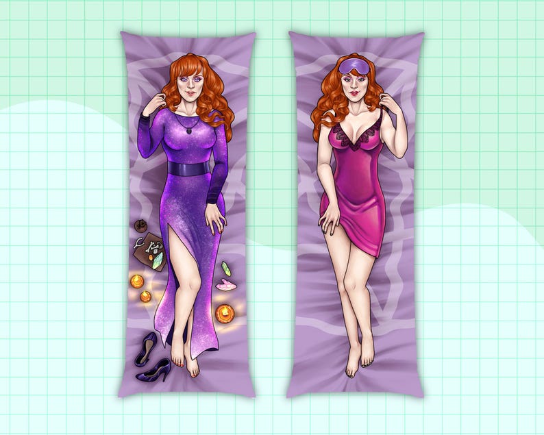 May include: A rectangular body pillow cover featuring two illustrations of a red-haired character on a purple background. The left side shows the character in a long purple dress with candles and shoes. The right side shows the character in a pink nightgown.