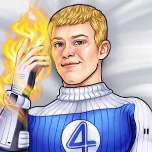 May include: Illustration of a man with blond hair and a blue and white uniform, holding a flame. The uniform has a large number 4 on the chest. The man's arm is surrounded by bright yellow and orange flames.